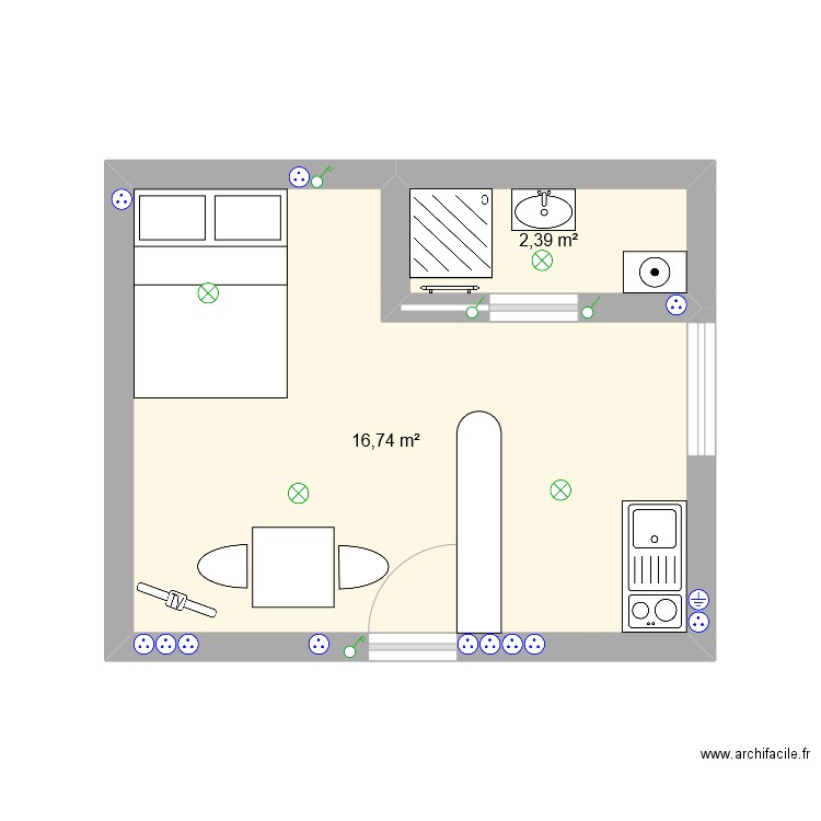 studio. Plan de 2 pièces et 19 m2