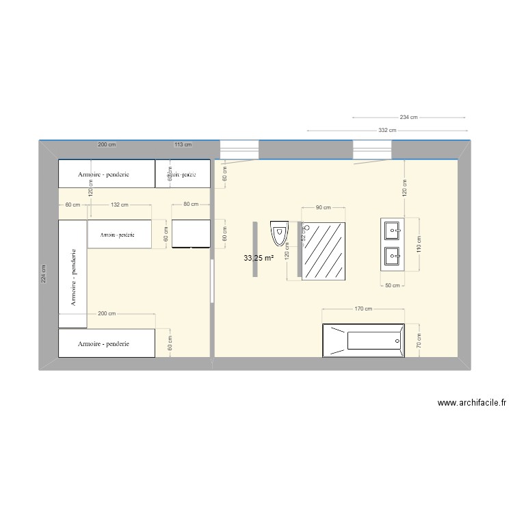 dressing salle de bain 3. Plan de 1 pièce et 33 m2