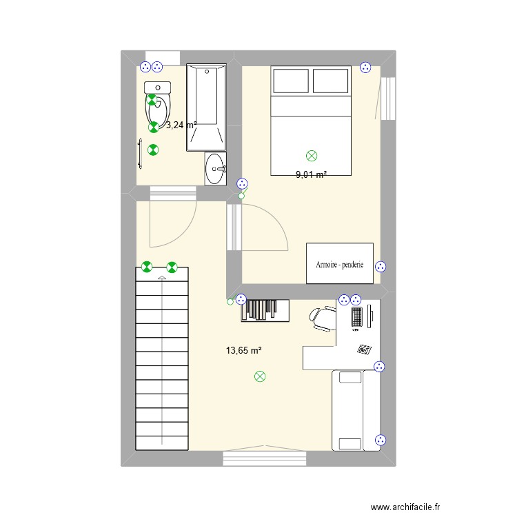 Bureau chambre 2. Plan de 3 pièces et 26 m2