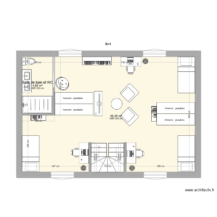 Niveau R+1 - autre idée. Plan de 2 pièces et 53 m2