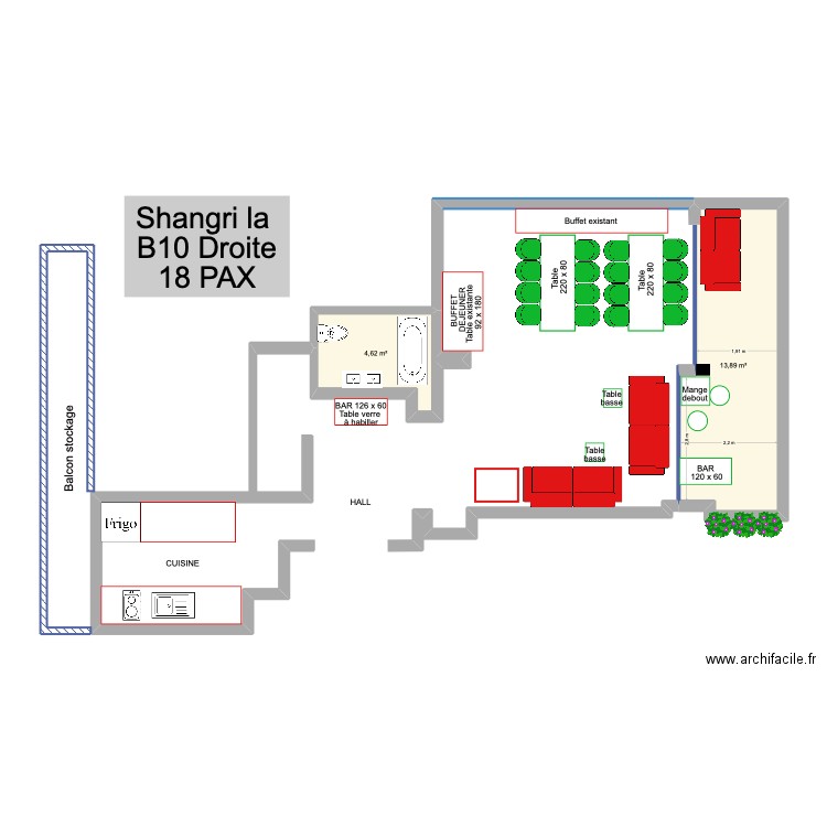 Shangri La B10 Droite. Plan de 2 pièces et 19 m2