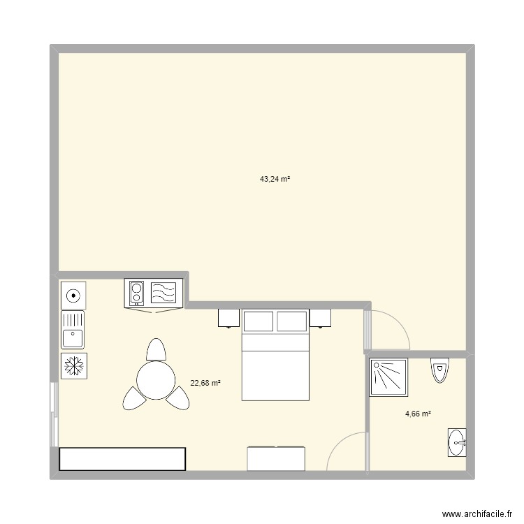 studio. Plan de 3 pièces et 71 m2