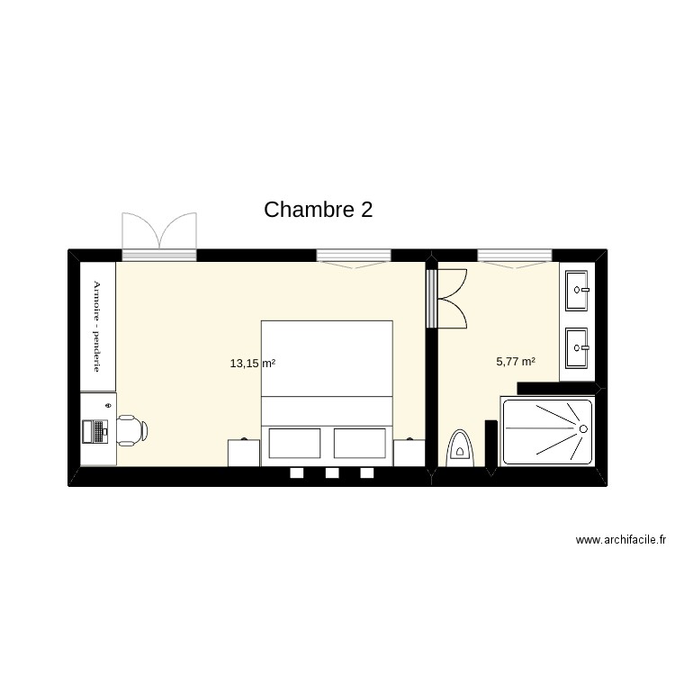 chambre . Plan de 2 pièces et 19 m2