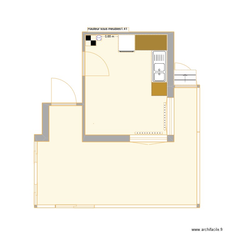 Cuisine et veranda vide. Plan de 2 pièces et 27 m2