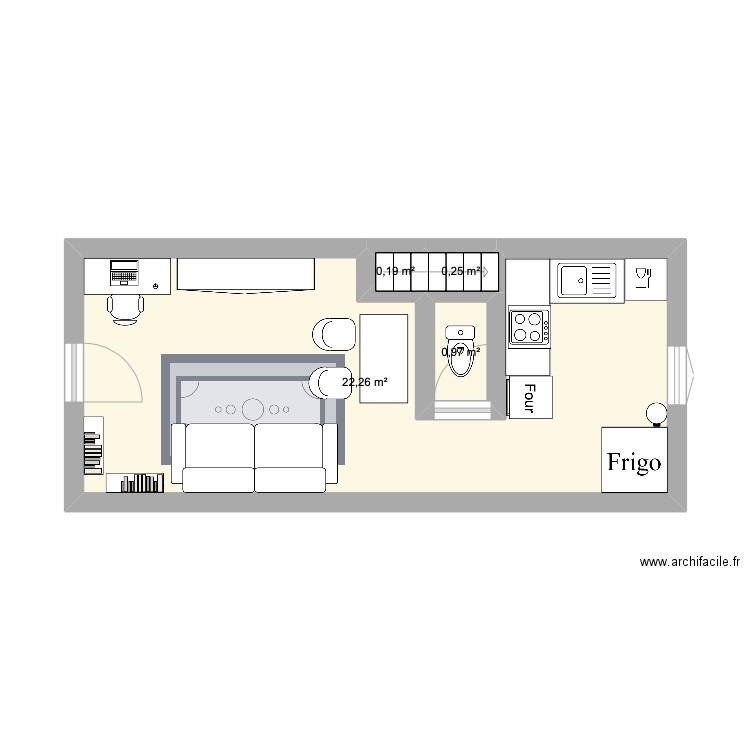 RDC. Plan de 4 pièces et 24 m2