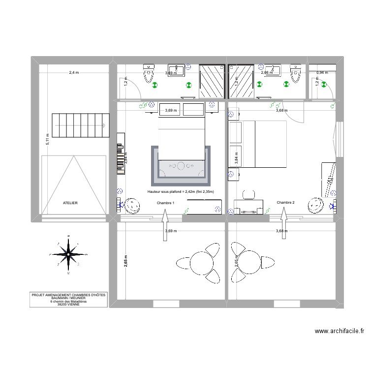 projet chambres d'hotes vs 2 CH. Plan de 8 pièces et 69 m2