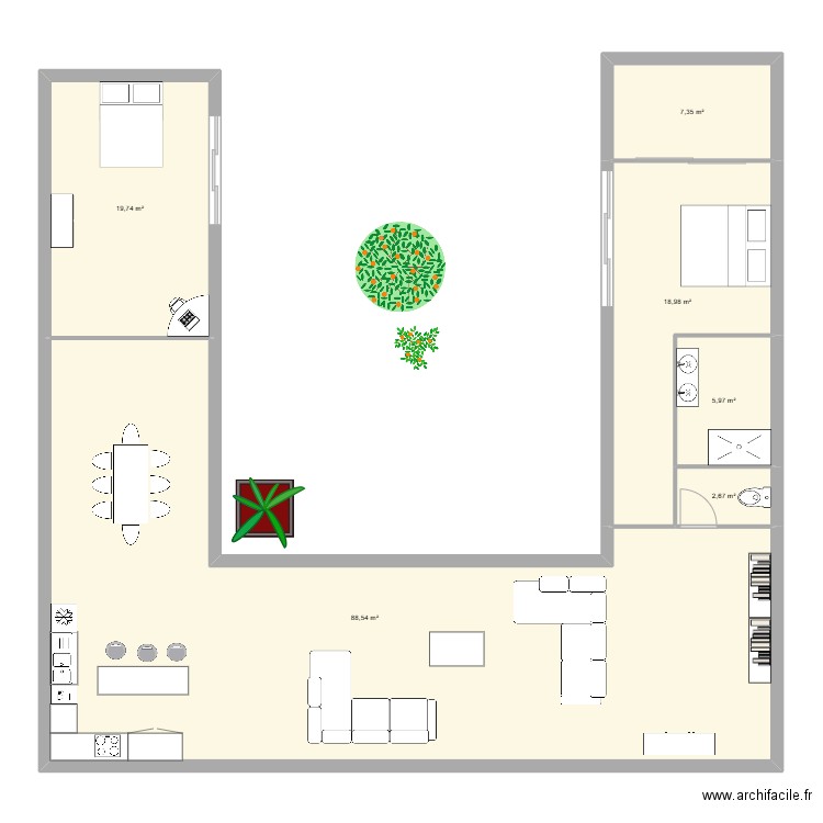 EN U. Plan de 6 pièces et 143 m2