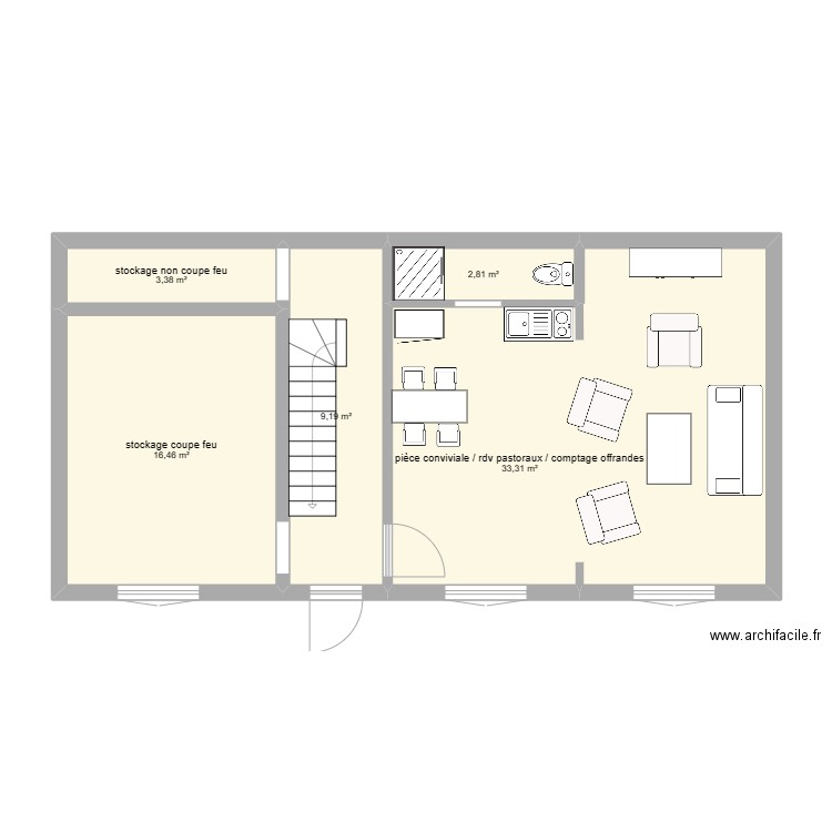 appt eglise 1er etage projet. Plan de 5 pièces et 65 m2