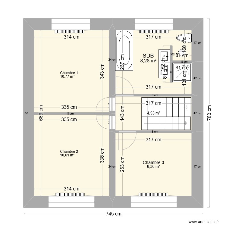 Plan R+1 Avant travaux. Plan de 4 pièces et 43 m2