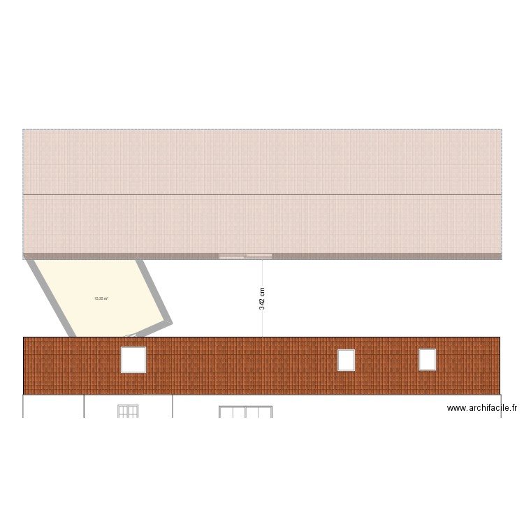 facade arriere. Plan de 1 pièce et 15 m2