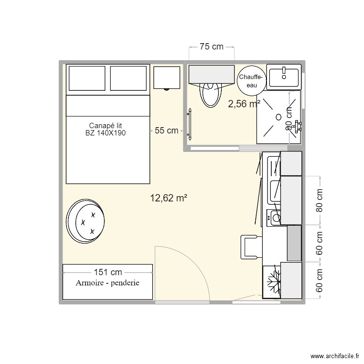 Chalet bois 4x4. Plan de 2 pièces et 15 m2