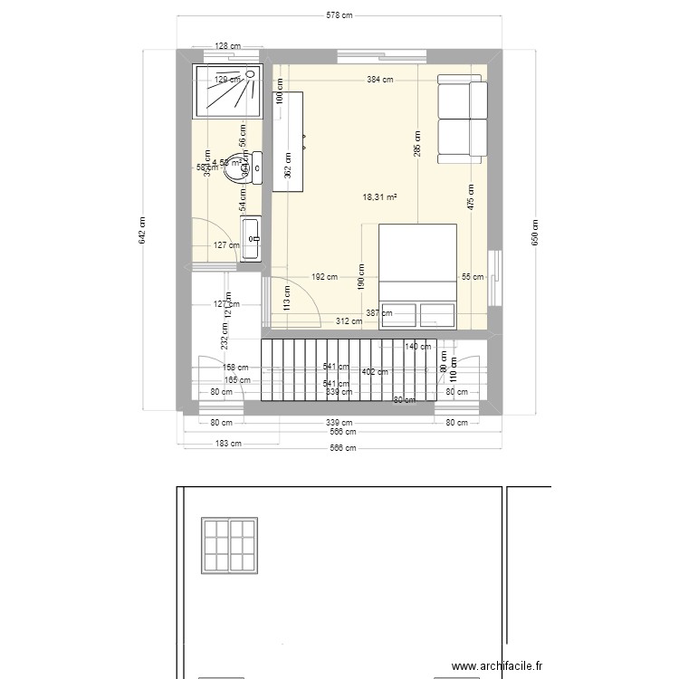 chew wam option 2. Plan de 3 pièces et 34 m2