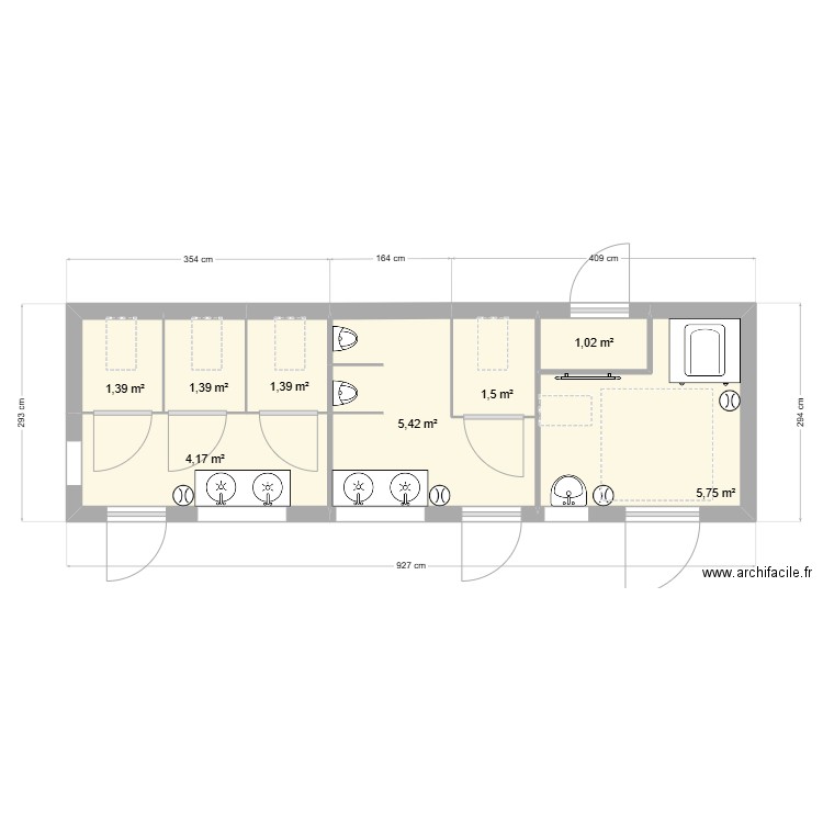 SanitairePlaine. Plan de 8 pièces et 22 m2