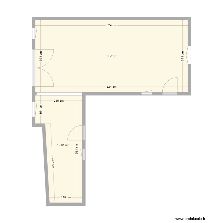 Plan grange rez avec côtes. Plan de 2 pièces et 44 m2