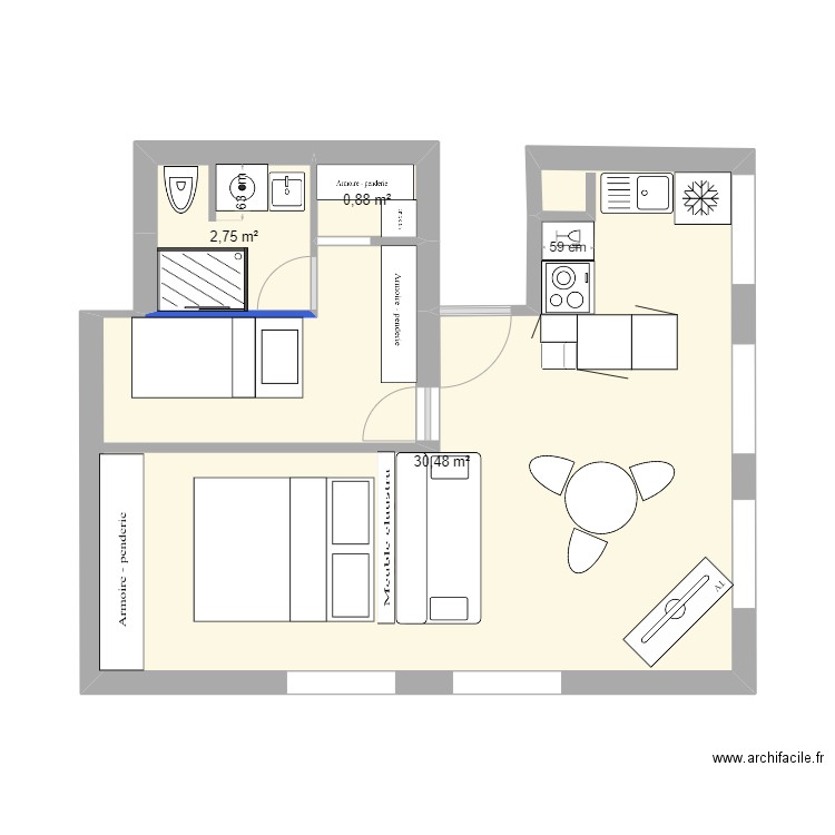 plan 4 caurerets. Plan de 3 pièces et 34 m2