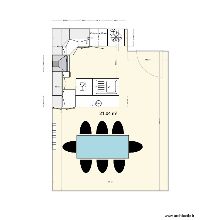 Cuisine U. Plan de 1 pièce et 21 m2