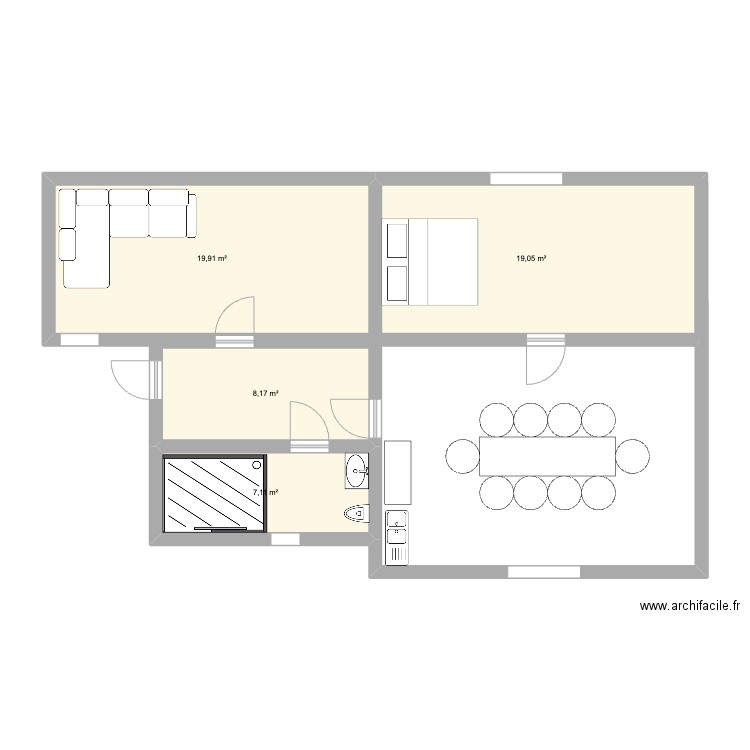 Kuca. Plan de 4 pièces et 54 m2