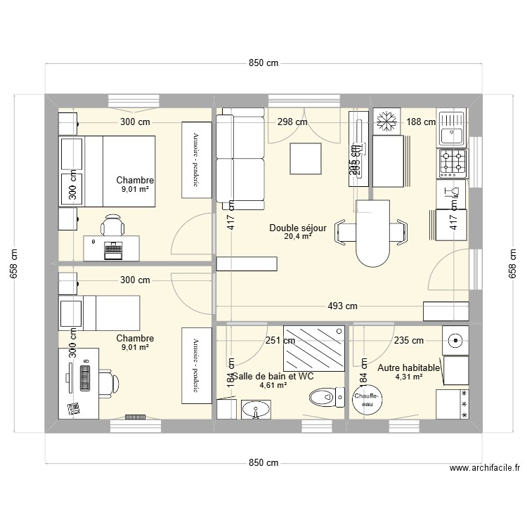 MAISON 68. Plan de 5 pièces et 47 m2