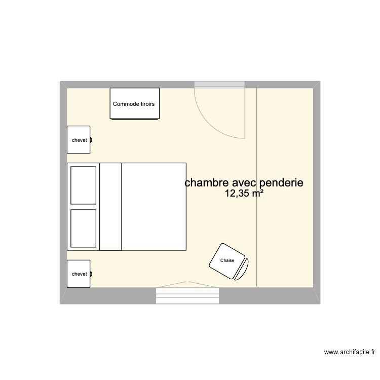 chambre avec penderie. Plan de 1 pièce et 12 m2