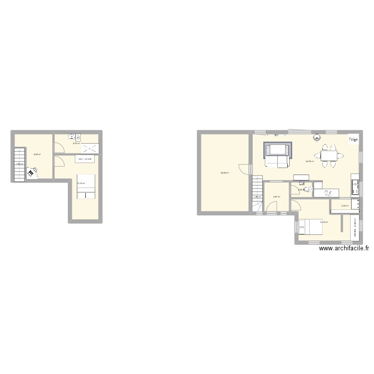 k;k. Plan de 2 pièces et 84 m2