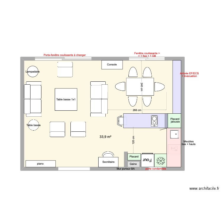 Cuisine ouverte en U bis. Plan de 2 pièces et 34 m2