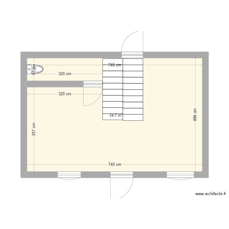 RDC. Plan de 1 pièce et 35 m2