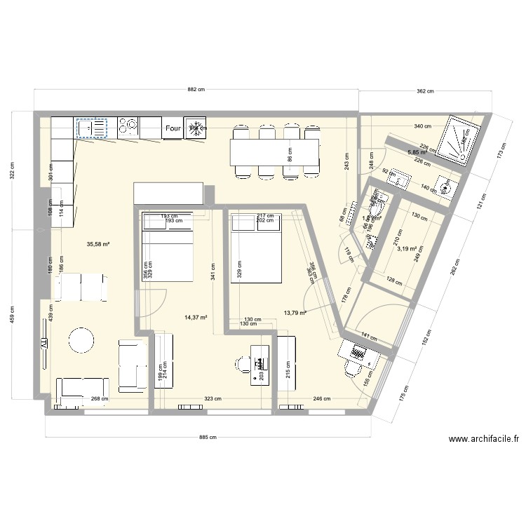 Moissons RDC 2 chambres. Plan de 6 pièces et 76 m2