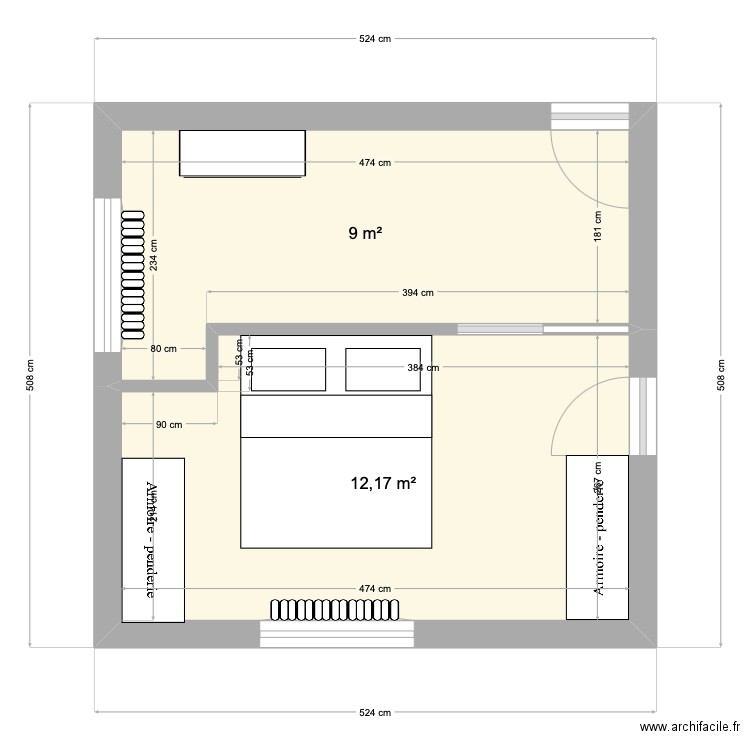 chambre parent. Plan de 2 pièces et 21 m2