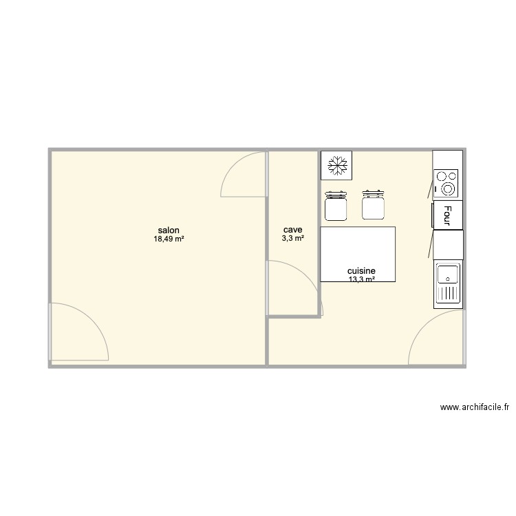 Aménagement cuisine . Plan de 3 pièces et 35 m2