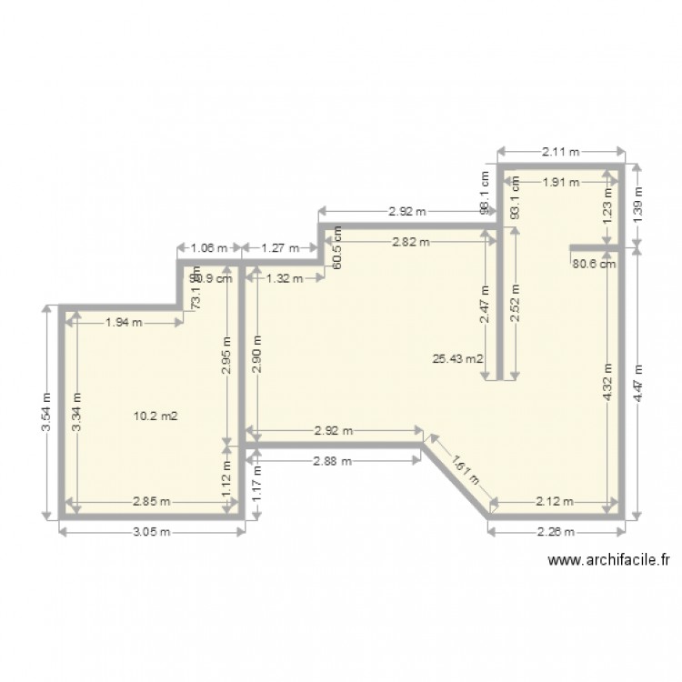 Françoise T2 Cuisine + Salon + Chambre. Plan de 2 pièces et 36 m2