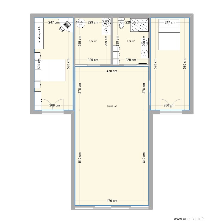 essai 2 containers 20 + 2 containers 40. Plan de 3 pièces et 85 m2