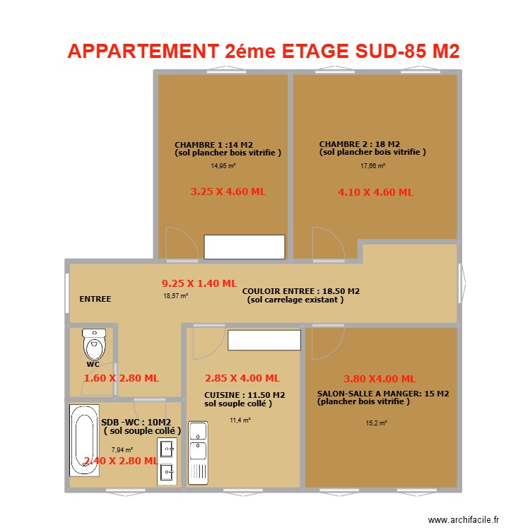 SCI LE POUZIN  APPARTEMENT   ETAGE 2 SUD. Plan de 6 pièces et 86 m2