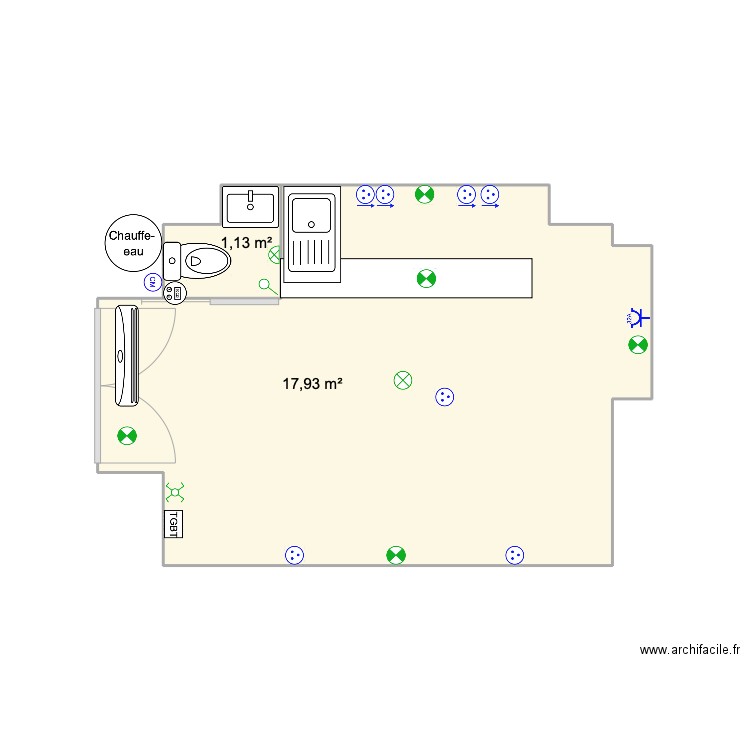 Le comptoir bastiais. Plan de 2 pièces et 19 m2