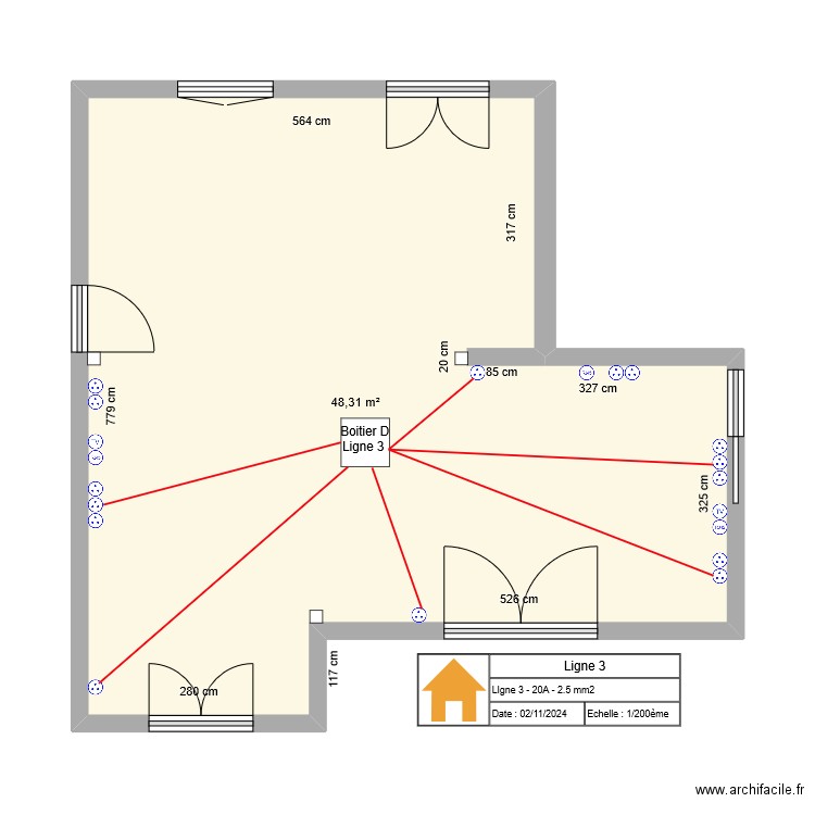 Ligne 3. Plan de 1 pièce et 48 m2