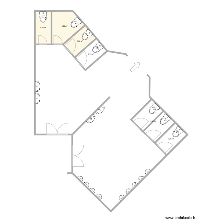 WC poudrière. Plan de 6 pièces et 30 m2