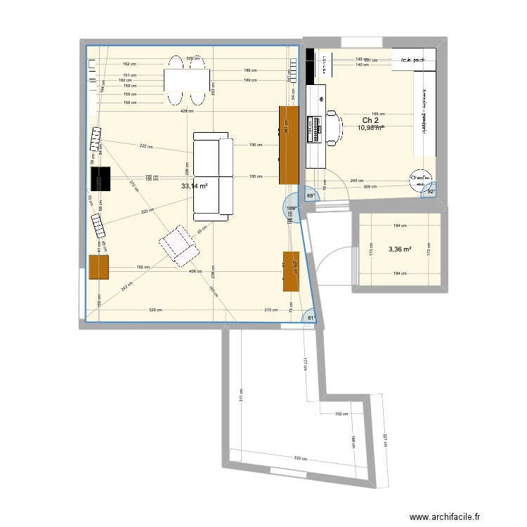 Girodet salon. Plan de 3 pièces et 47 m2