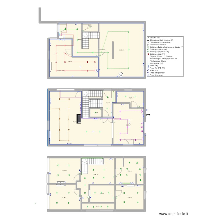 Plan électricité. Plan de 17 pièces et 247 m2