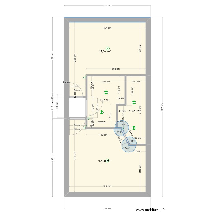 chambres et sdb. Plan de 4 pièces et 32 m2