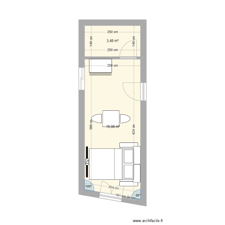 studio vue mer. Plan de 2 pièces et 19 m2