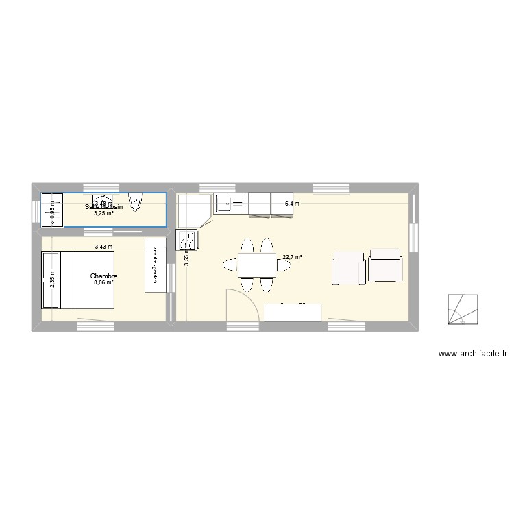 Kerlard. Plan de 3 pièces et 34 m2