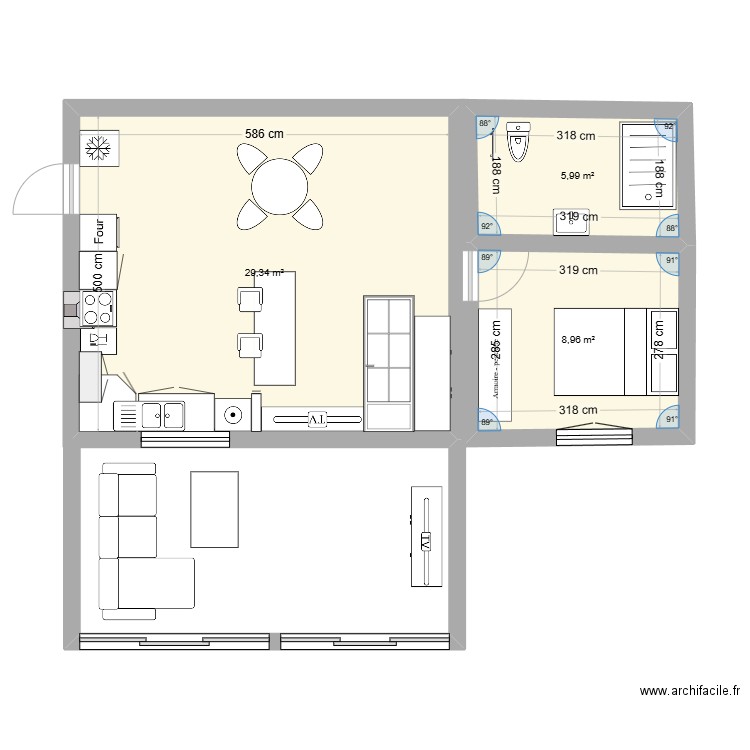 appartement maman. Plan de 3 pièces et 44 m2