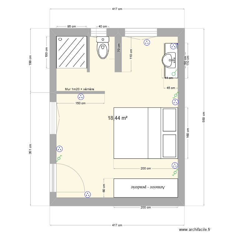 Extension Corse rdc. Plan de 1 pièce et 18 m2