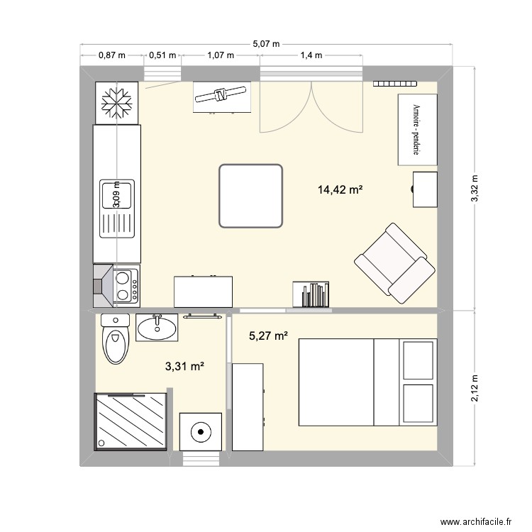 tuyo 8. Plan de 3 pièces et 23 m2