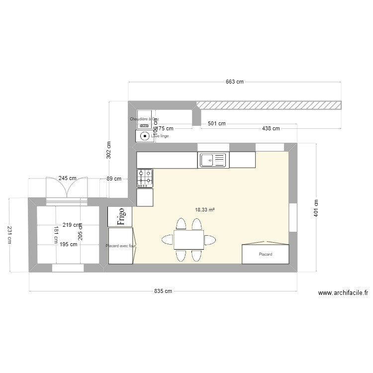 Partie Etage: Hall + cuisine + buanderie. Plan de 1 pièce et 18 m2