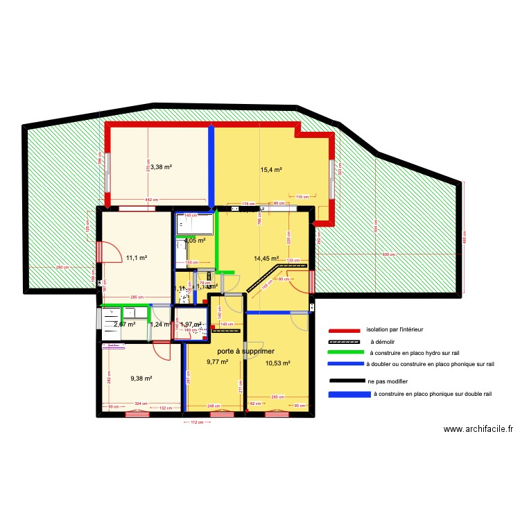 placo 1er étage gîtes pour maçon. Plan de 14 pièces et 151 m2