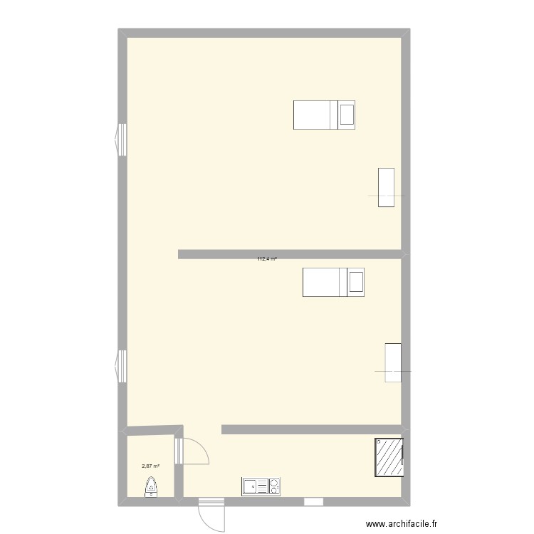 rez de chaussée. Plan de 2 pièces et 115 m2