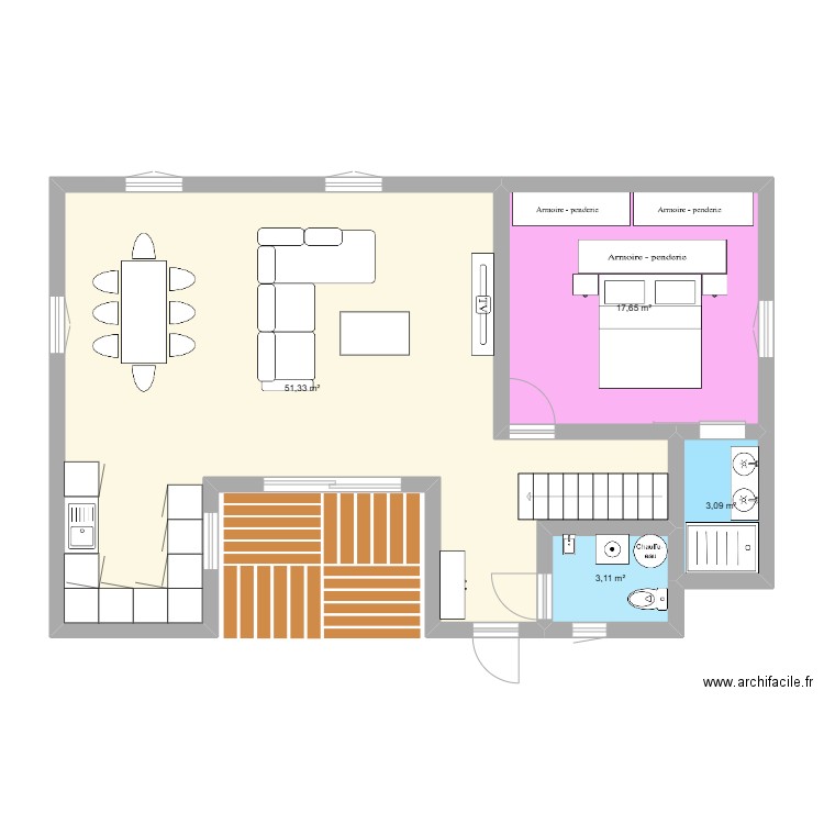 RDC maison bois. Plan de 4 pièces et 75 m2