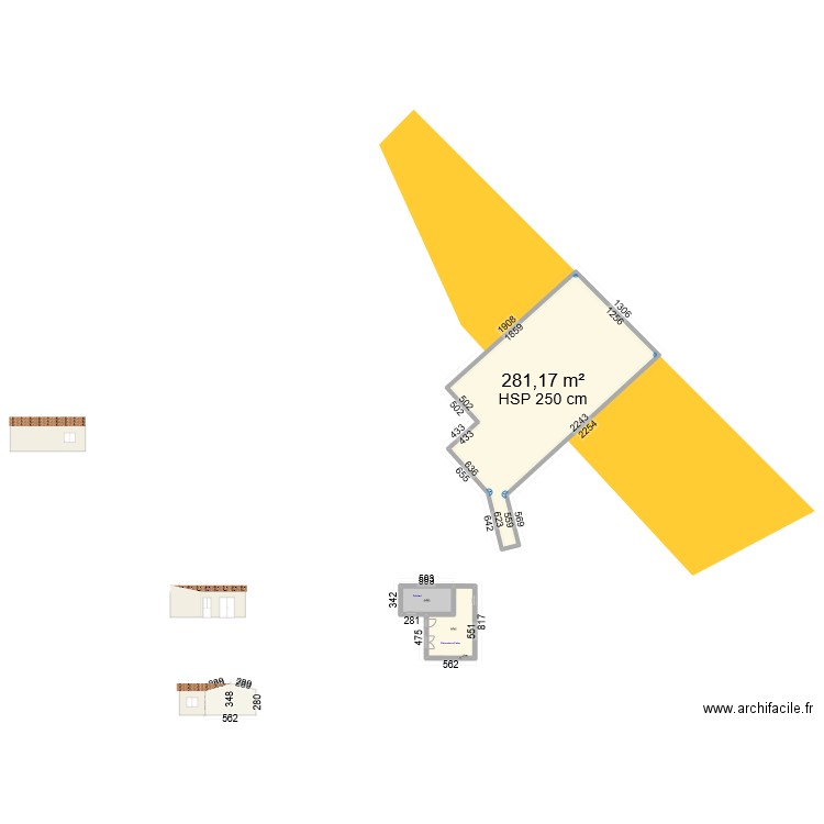 extension. Plan de 3 pièces et 324 m2