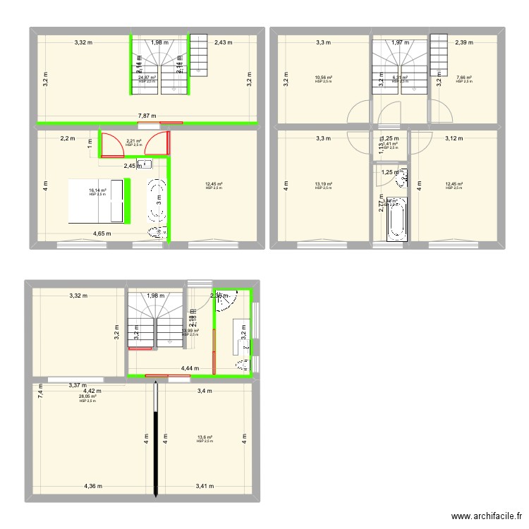 Gourin-Modifs. Plan de 14 pièces et 166 m2