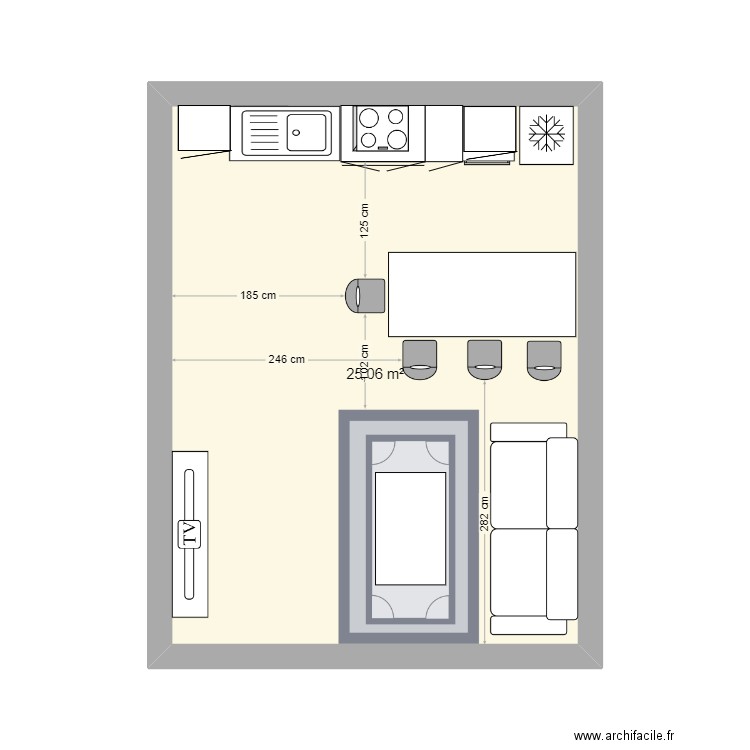 Salon & Cuisine. Plan de 1 pièce et 25 m2